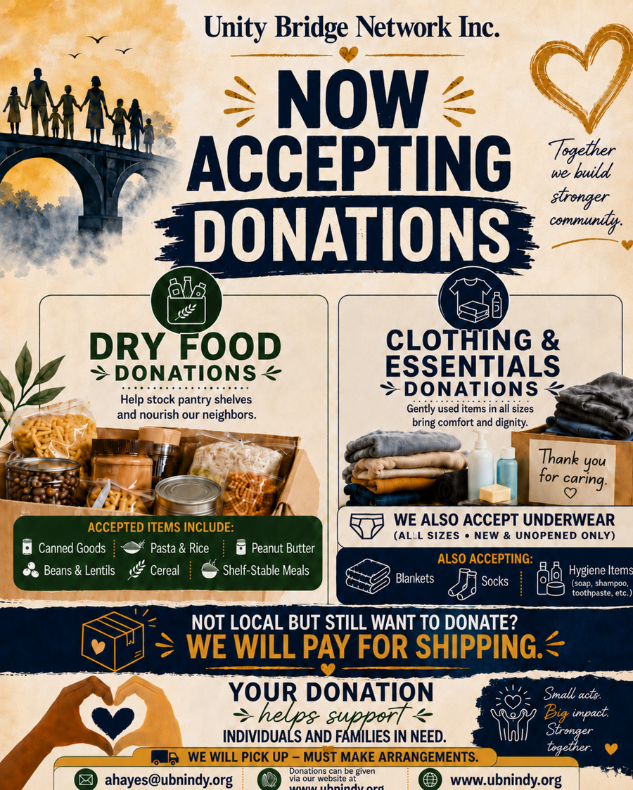 Unity Bridge Network Incorporated flyer: Now Accepting Donations — dry food, clothing and essentials, shipping paid, pickup available